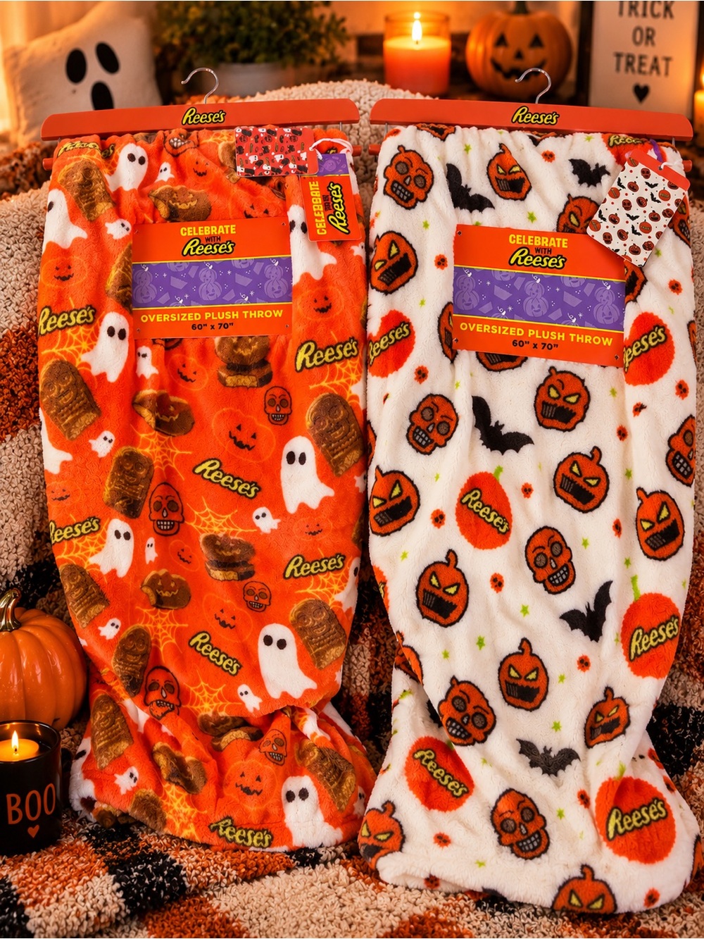Fun 2 set of Reese’s  Halloween Plush Throw Blanket - Orange & White